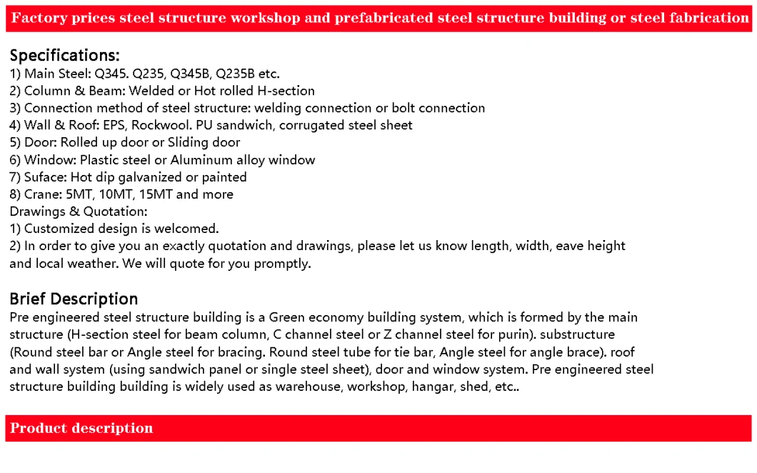 China Light Industrial Prefabricated Steel Structure Building/Warehouse/Workshop/Garage/Frame Construction