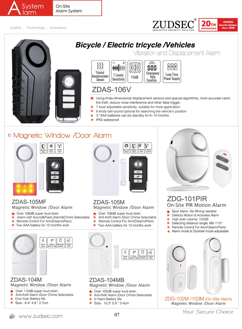 Wireless Door Window Battery Powered 105dB Volume Alarm Magnetic Sensor for Home Alarm System