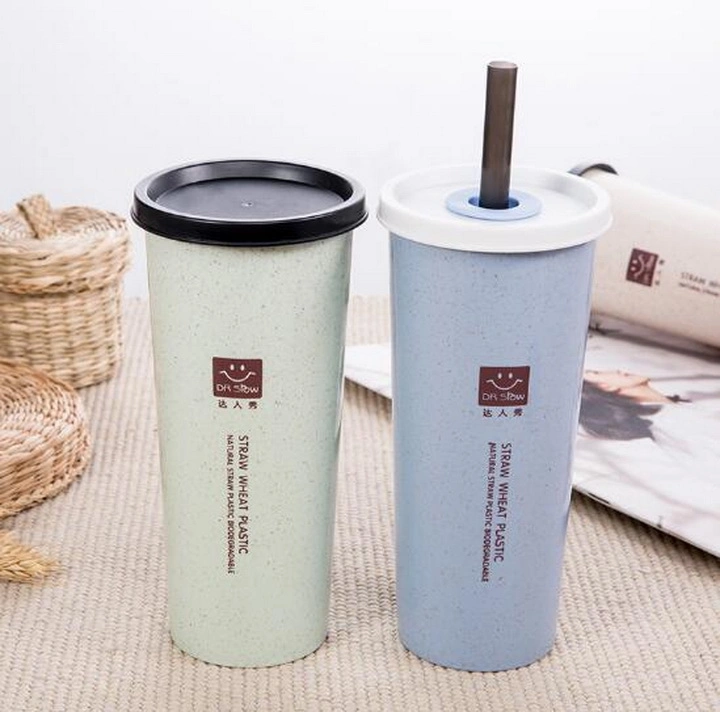 Wheat Straw Double Lid Plastic Straw Cup