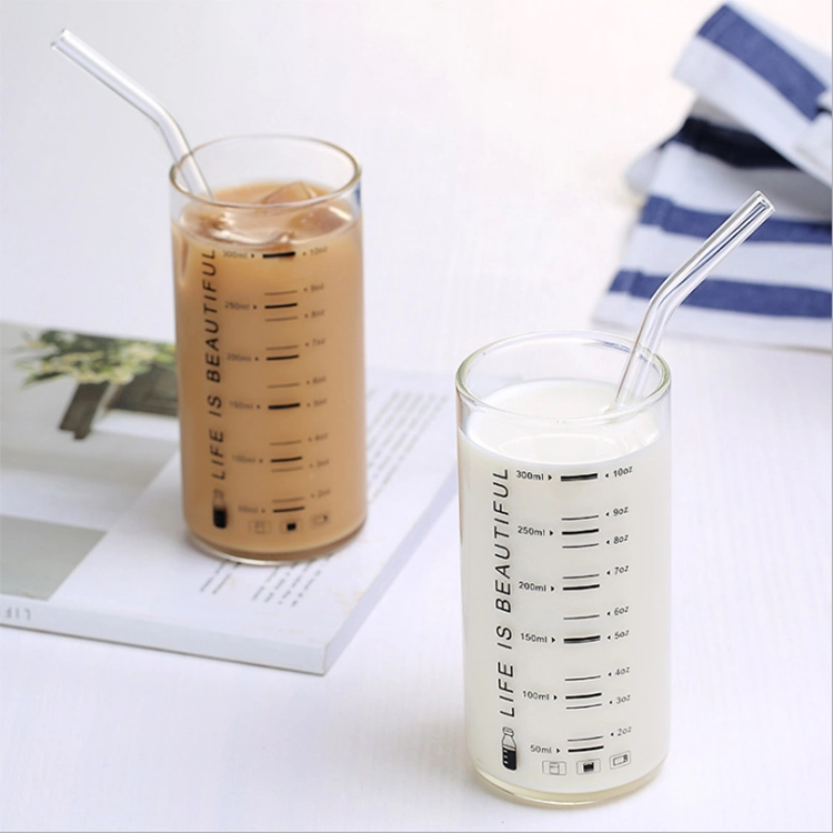 00ml 350ml Glass Cup Graduated Glass with Glass Straw Breakfast Milk Cup