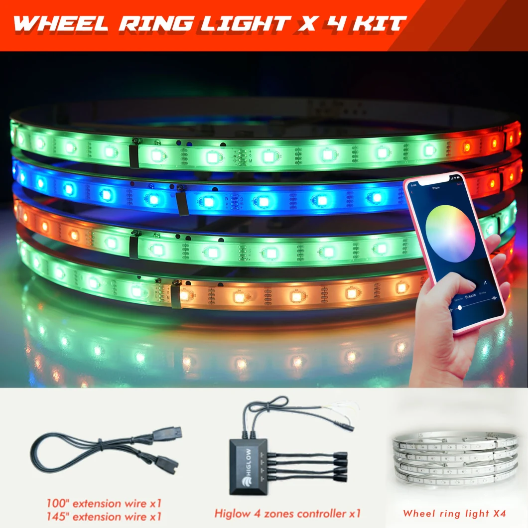 Color Chasing LED Headlights + Wheel Ring Light Kit for Jeep Truck Offroad APP Controlled Lights