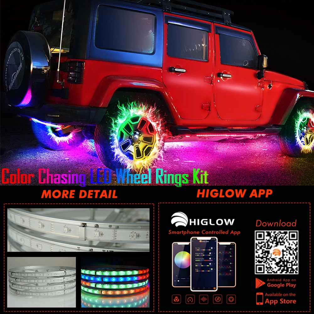 Color Chasing LED Headlights + Wheel Ring Light Kit for Jeep Truck Offroad APP Controlled Lights