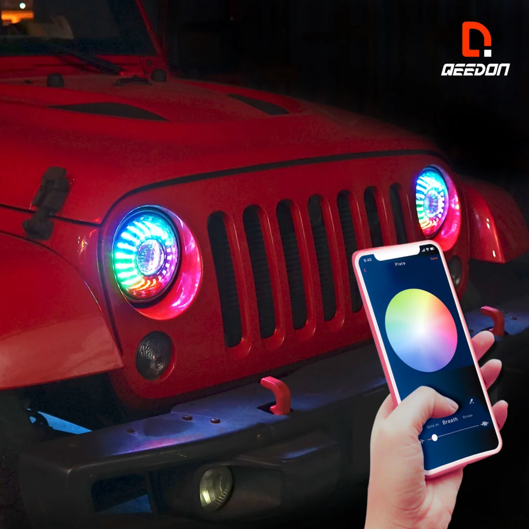 Color Chasing LED Headlights + Wheel Ring Light Kit for Jeep Truck Offroad APP Controlled Lights