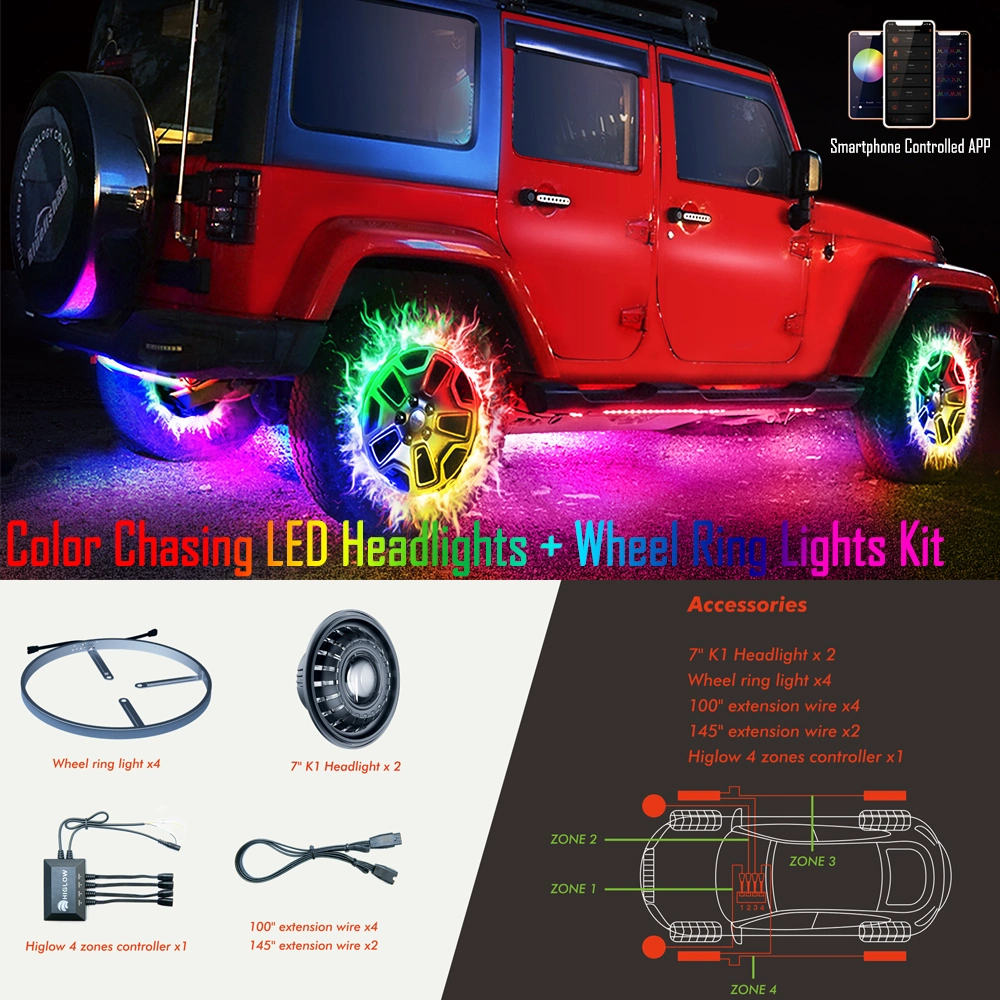 Color Chasing LED Headlights + Wheel Ring Light Kit for Jeep Truck Offroad APP Controlled Lights