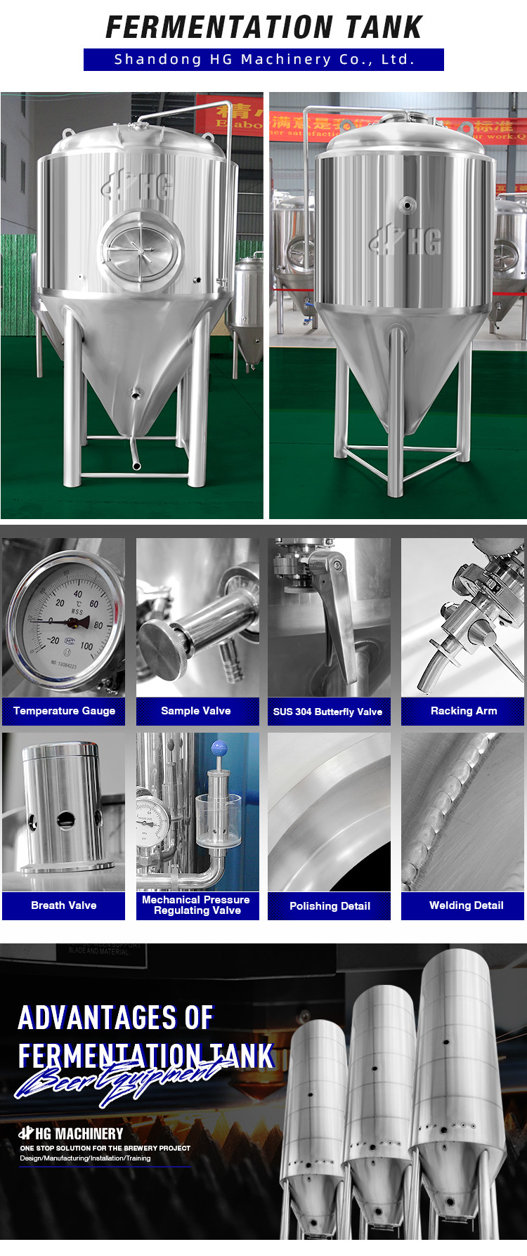 1000L 2000L 1500L Conical Beer Fermenting Tanks Jacketed Beer Fermentation Tank