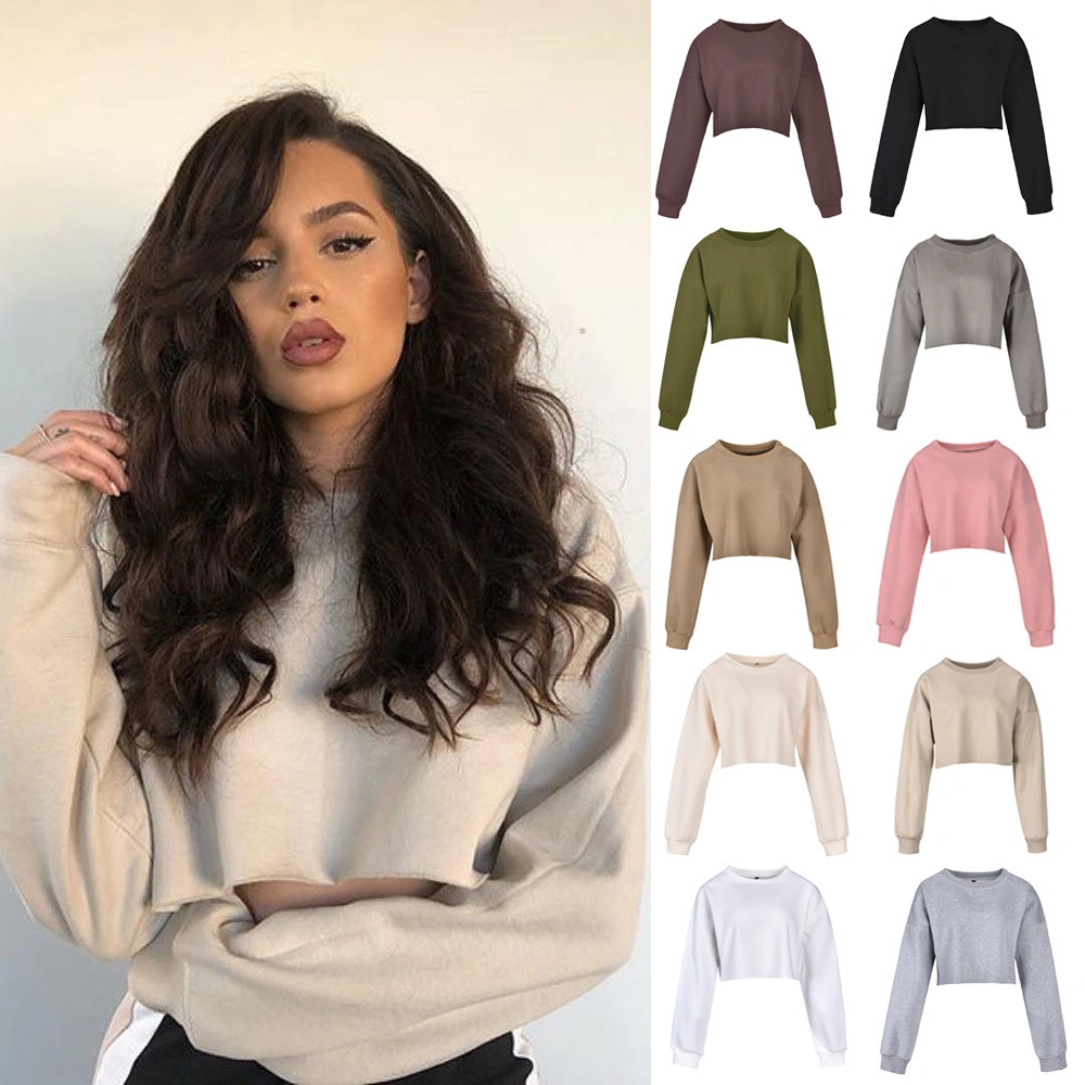 Wholesale Long Sleeve Plain Pullover Oversize Short Crop Top Hoodie Long-Sleeved Woman Hoodie