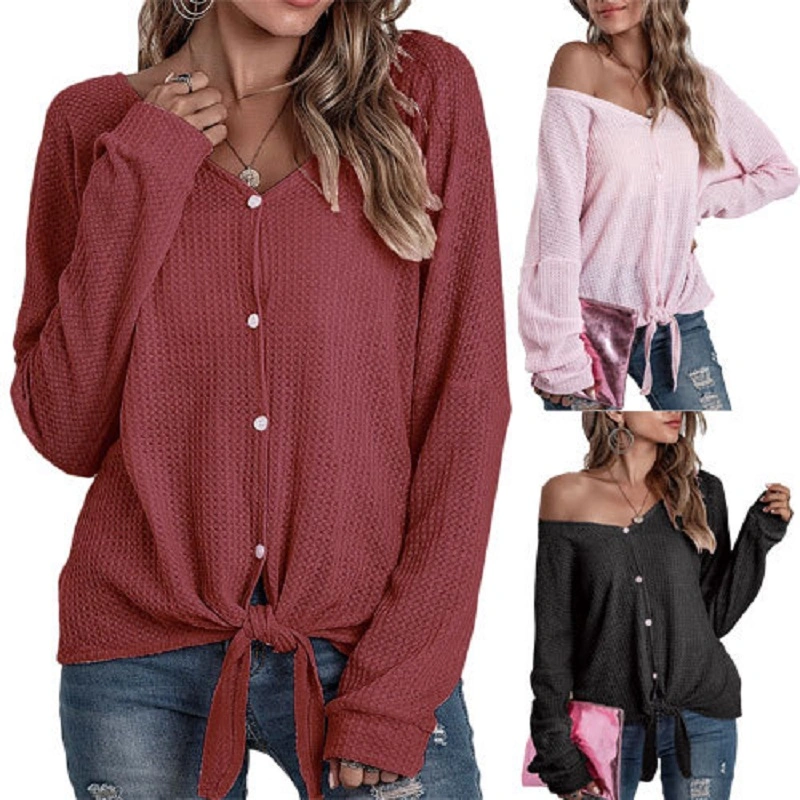 Women's Lightweight Long-Sleeve, Knitted Shirt Long Sleeve Buttons Tops, Casual Lightweight Sleeve Knit Top, Sideways off Shoulder Buttons Knit Esg16570