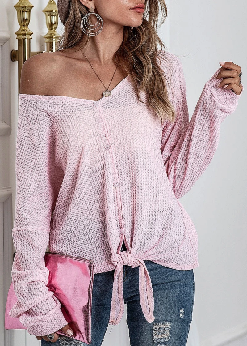 Women's Lightweight Long-Sleeve, Knitted Shirt Long Sleeve Buttons Tops, Casual Lightweight Sleeve Knit Top, Sideways off Shoulder Buttons Knit Esg16570