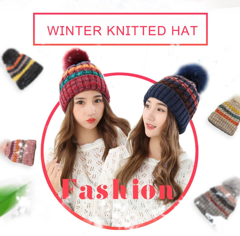 Women Beanie Fur Ball Cap Winter Hat for Women Girl 's Hat Knitted Beanies Cap Brand New Thick Female Cap