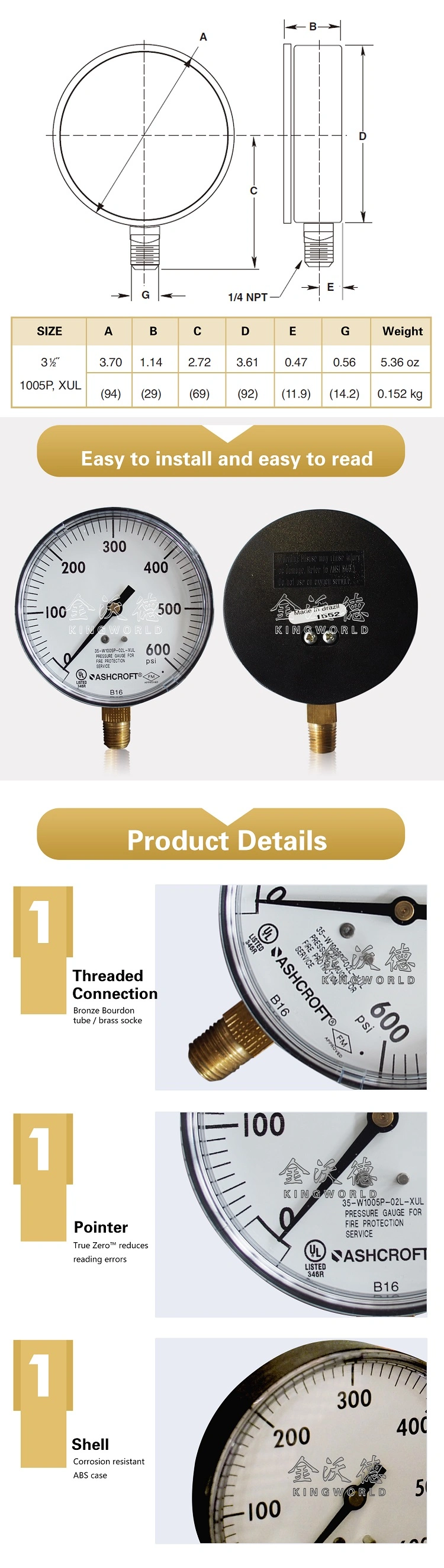 Tyco Ashcroft UL FM Fire Protection Sprinkler Pressure Gauge