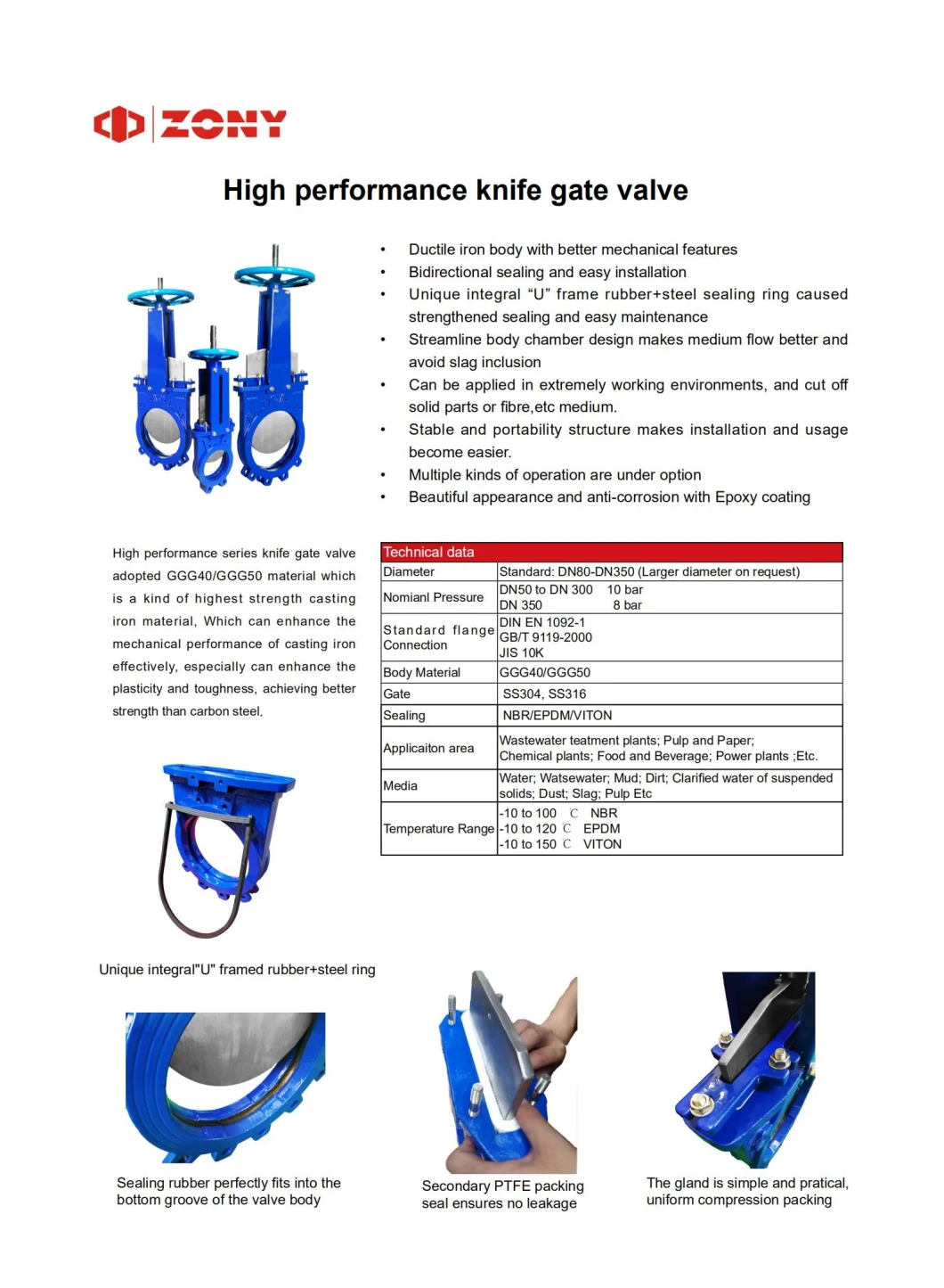 Soft Seal Resilient Seat Ductile Iron Pn10 Knife Gate Valve with Hand Wheel