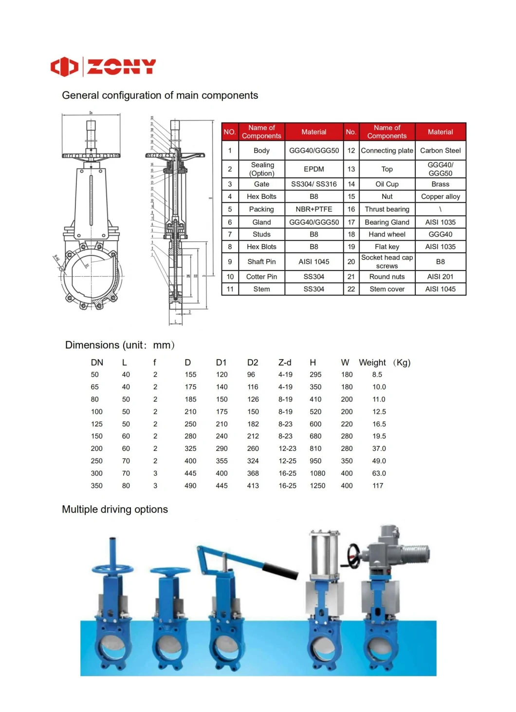 Soft Seal Resilient Seat Ductile Iron Pn10 Knife Gate Valve with Hand Wheel