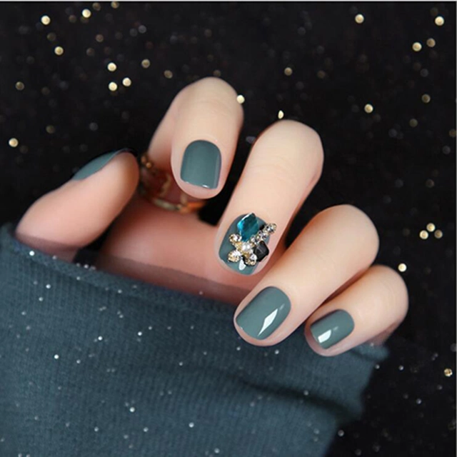 Blue Autumn and Winter Diamond Glitter 24 Pieces Boxed False Nails Finished MID-Length Wearing Nails