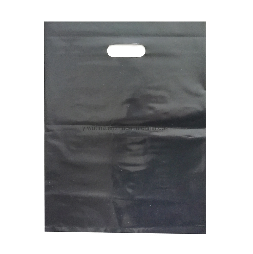 China Punch Hole Handle Shopping Black Plastic Die Cut Bag with White Printed