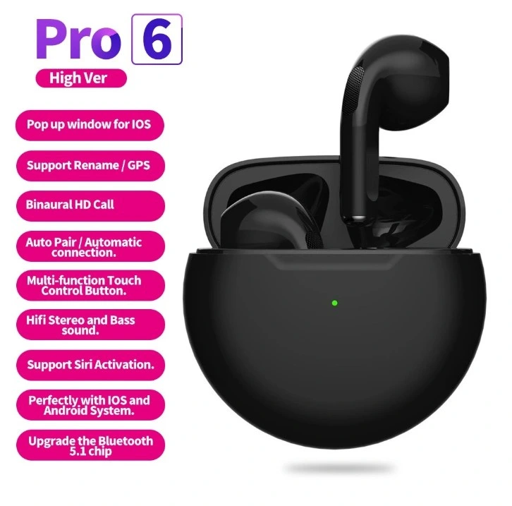 Bluetooth Headset with Microphone Tws PRO6 Earbuds Noise Reduction Running Earpieces for Xiaomi Huawei iPhone