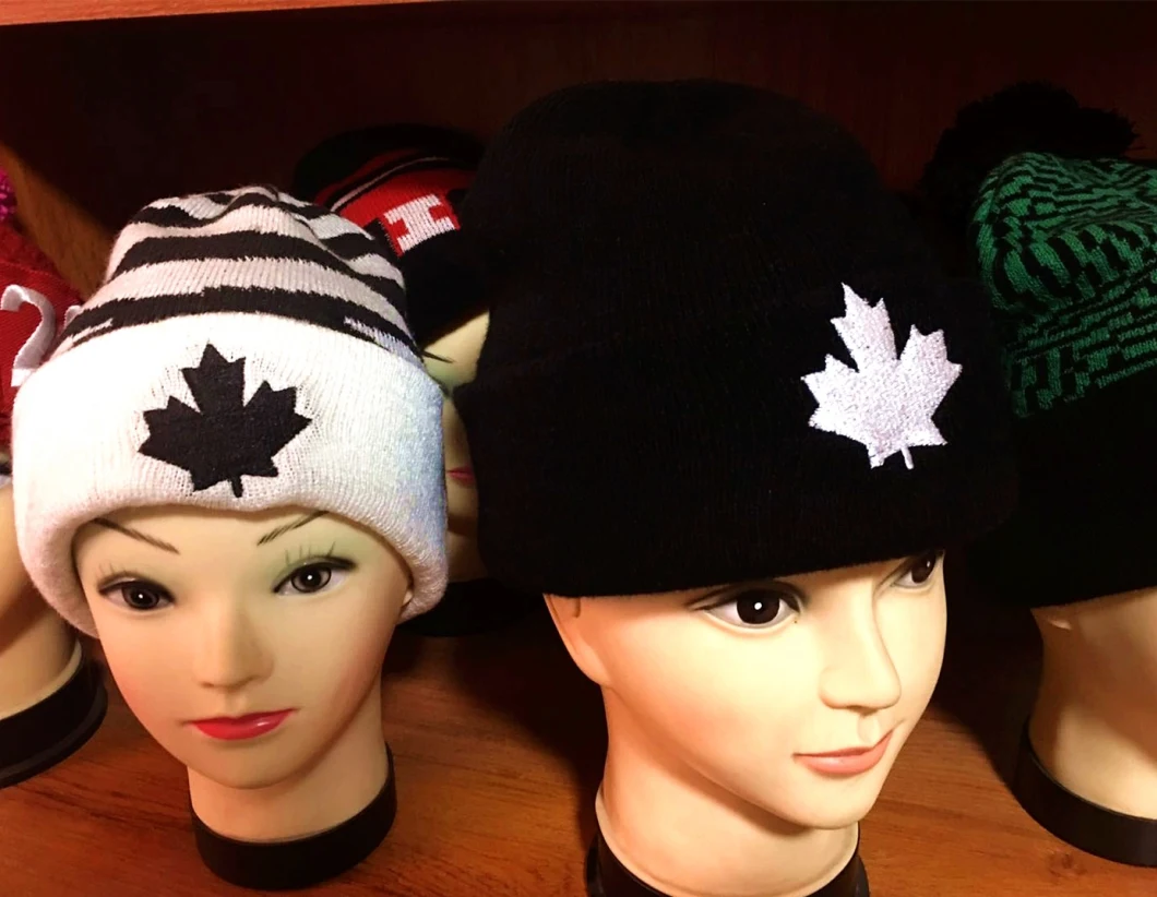 Canadian Maple Leaf Embroidered Logo Winter Warm Black Knitted Beanie Hat Cap