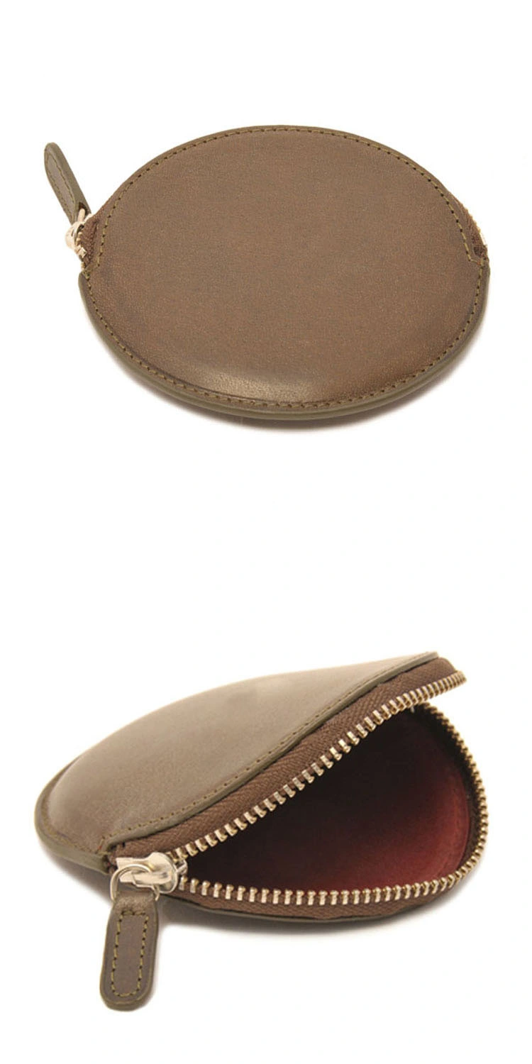 Customized Mini Size Round Zipper Genuine Leather Coin Holder Coin Purse