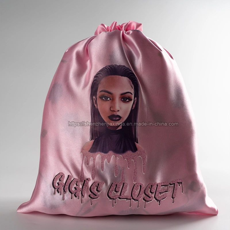 Custom 8X12 Inch Pink Satin Hair Packaging Drawstring Bag