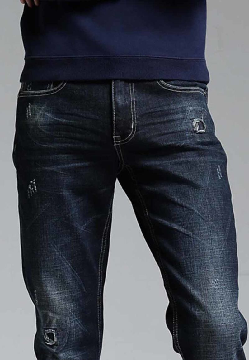 Denim Men's Pants Men's Thin Velvet Jeans Men's Straight Hole Patch Jeans Stretch Men's Denim Trousers