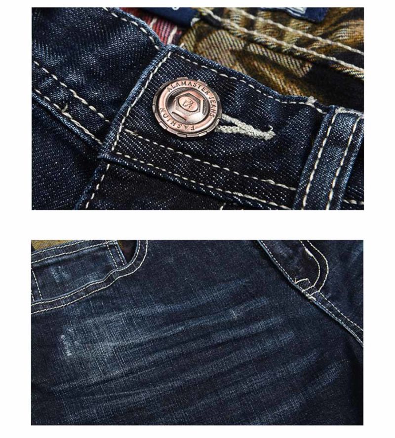 Denim Men's Pants Men's Thin Velvet Jeans Men's Straight Hole Patch Jeans Stretch Men's Denim Trousers