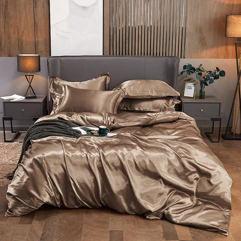 Champagne Color Silk Polyester Sheets 4PCS Duvet Comforter Cover Fitted Sheet Pillowcases Bedding Set