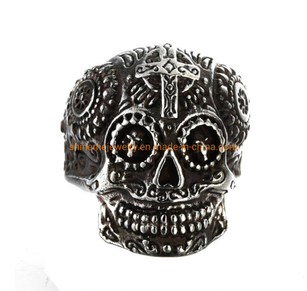 Titanium Steel/Stainless Steel Tibetan Carved Gabala Green Eyes Skull Punk Ring for Men Sgmr2619