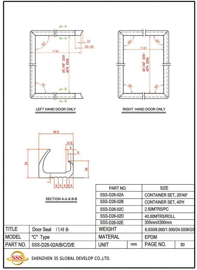 Shipping Container Rubber Door Seal Gasket for Dry and Refrigerator Door Container Parts Marine