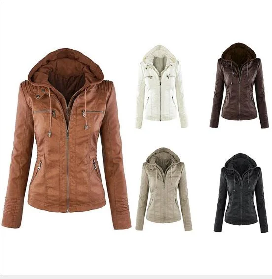 Wholesale Womens Faux PU Leather Hooded Jackets Zippered Hoodie Short Slim Motorcycle Jacket Coat Autumn Winter Fashion Casual Leather Jackets