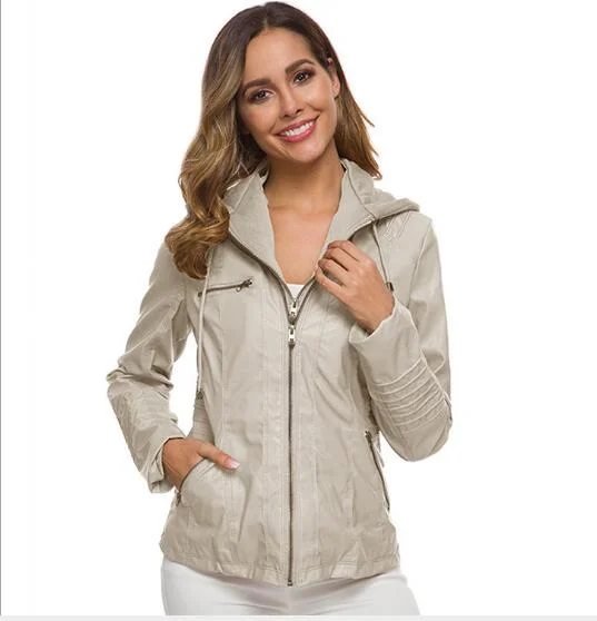 Wholesale Womens Faux PU Leather Hooded Jackets Zippered Hoodie Short Slim Motorcycle Jacket Coat Autumn Winter Fashion Casual Leather Jackets