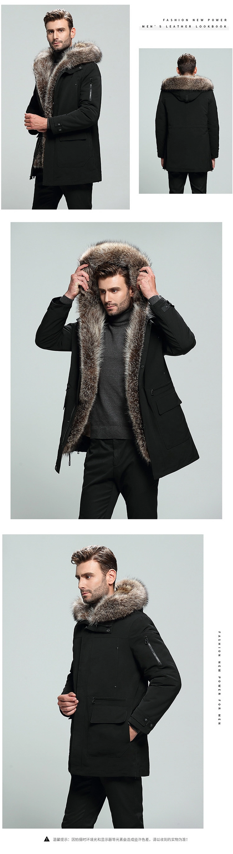 Wholesale High Quality Mens Winter Best Black Parka Coats Real Raccoon Fur Hooded Parka Fur Jacket