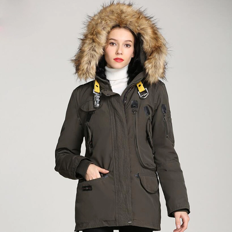 Wholesale Fashion Hooded Multi Pocket Fur Collar Women Padded Jacket Long Parkas Coat