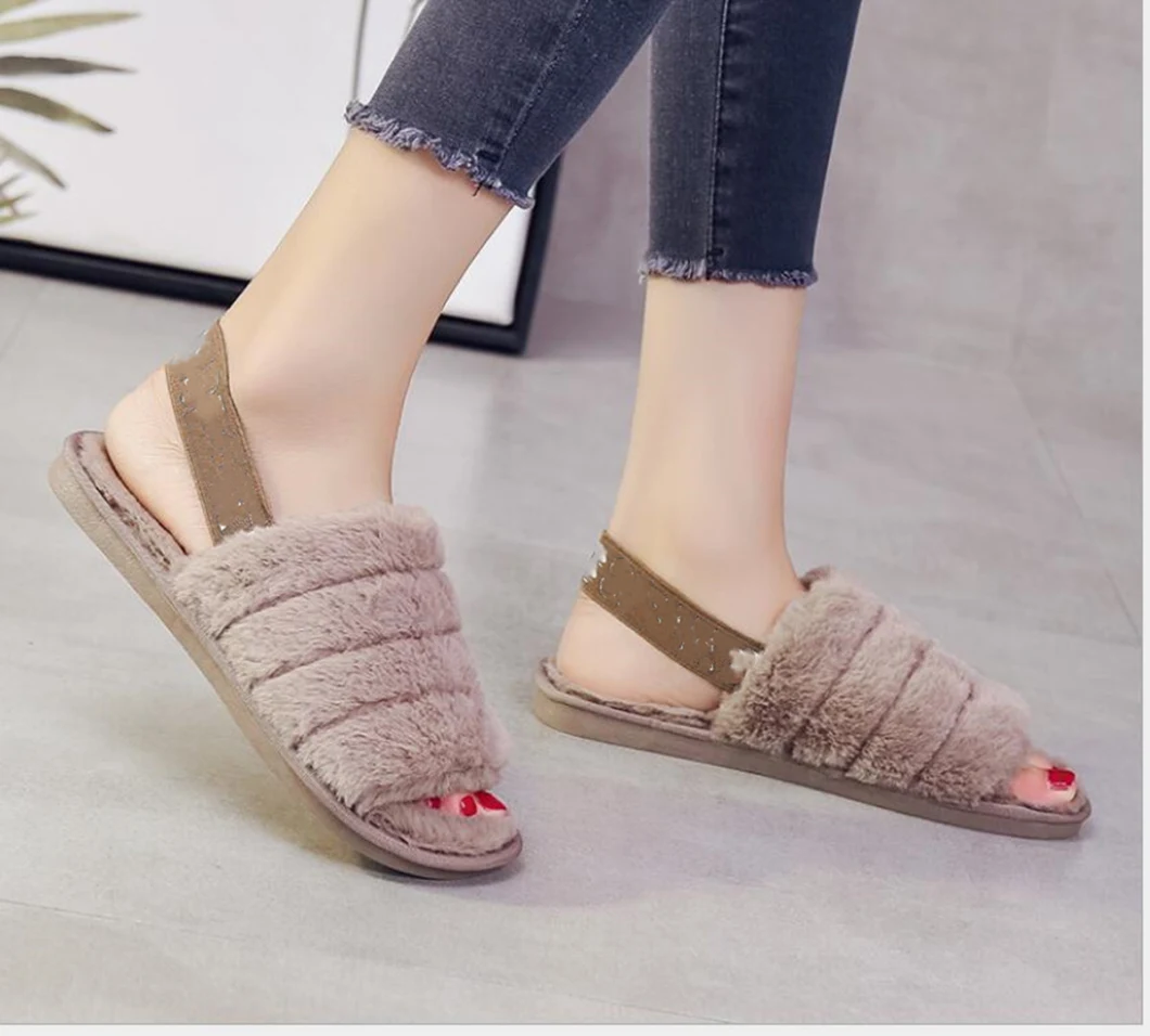 2020 New Style Ladies Plush Sandals Fur Sliders Sandals for Women with Elastic Back Ladies Shoes