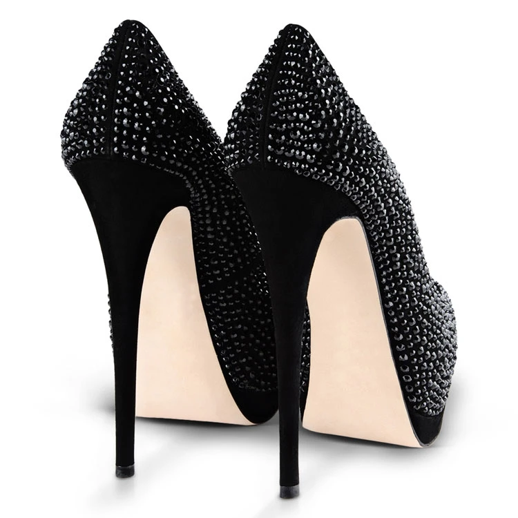 Large Size Womans Black Heels Pumps Crystal High Heel Women Shoes