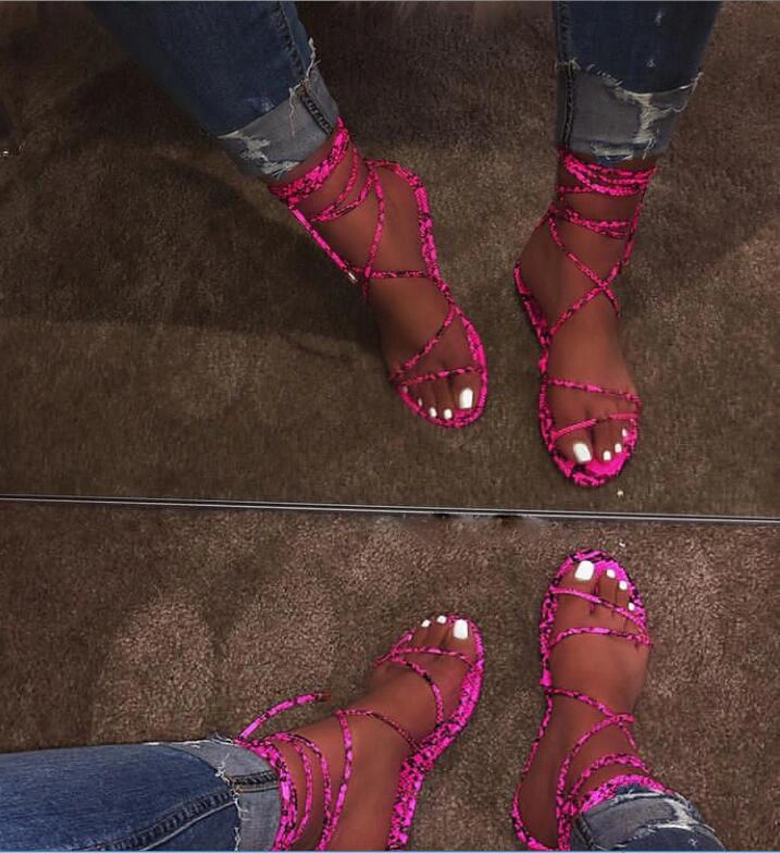 2020 New Flat Sandals Snake Lace up Slippers Fashion Light Slides Sandals for Women