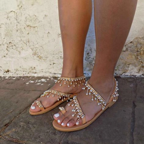 Roman Pearl Sandals Handmade Beaded Flat Sandals