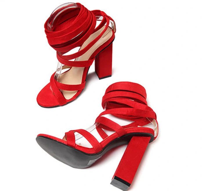 Sexy Block High Heel Lace-up Sandals Red Khaki Fashion Women Shoes