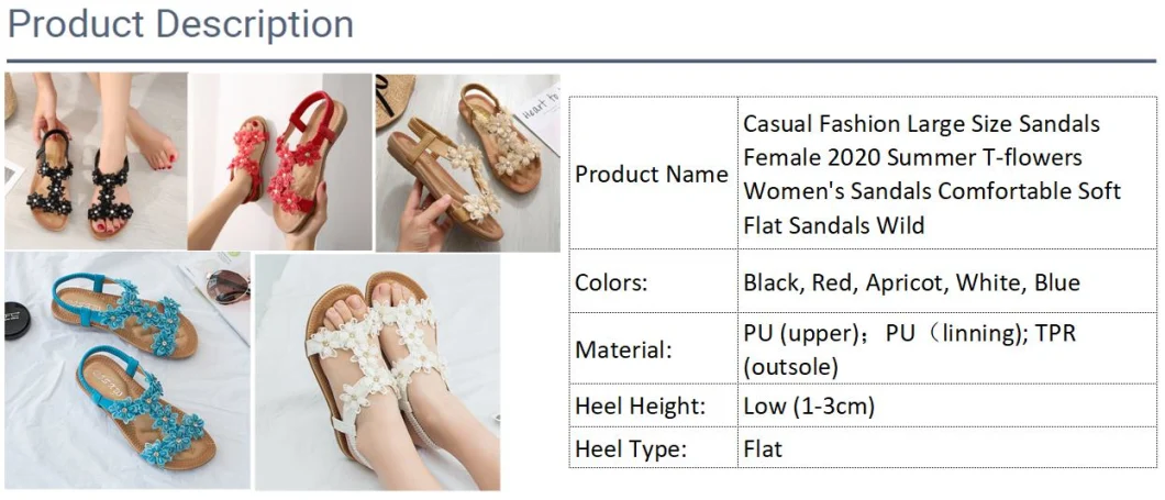 Casual Fashion Large Size Sandals Female 2020 Summer T-Flowers Women's Sandals Comfortable Soft Flat Sandals Wild