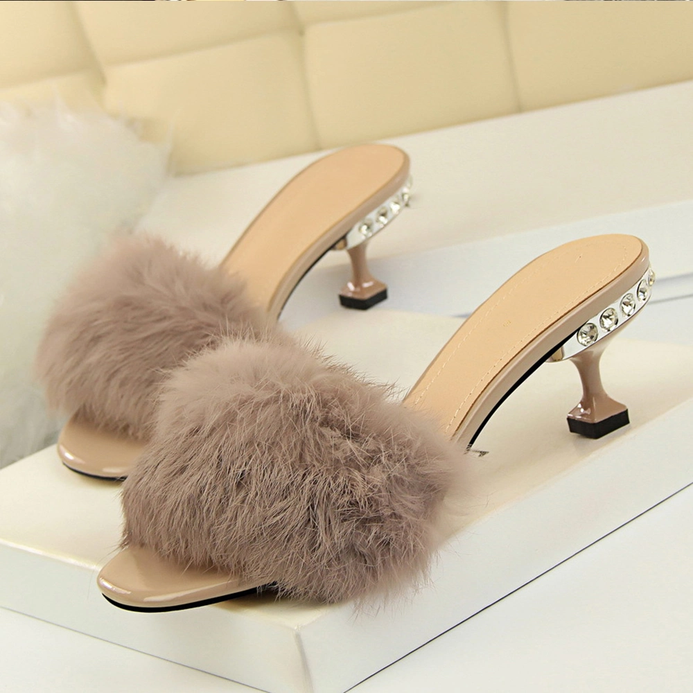 Superstarer Decorate Elegant Fashion Footwear Slide Slippers with Rhinestone High Heels Furry Fur Womens Sandals