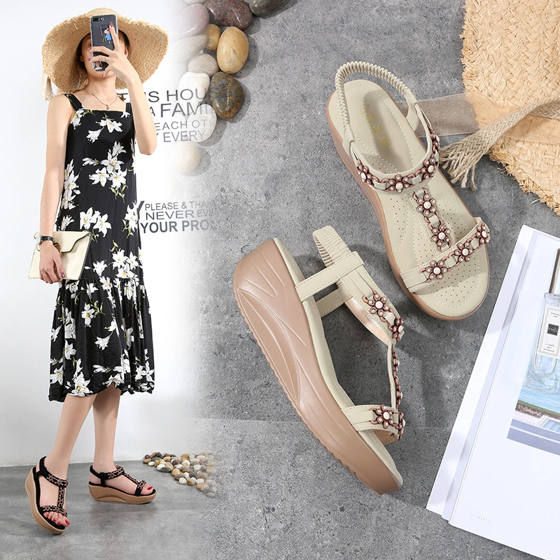 Fashionable and Comfortable New PU Wedge Heel Sandals for Flower Ladies