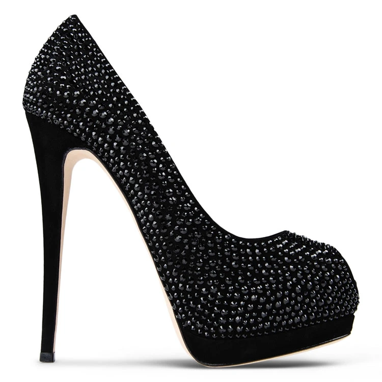 Large Size Womans Black Heels Pumps Crystal High Heel Women Shoes