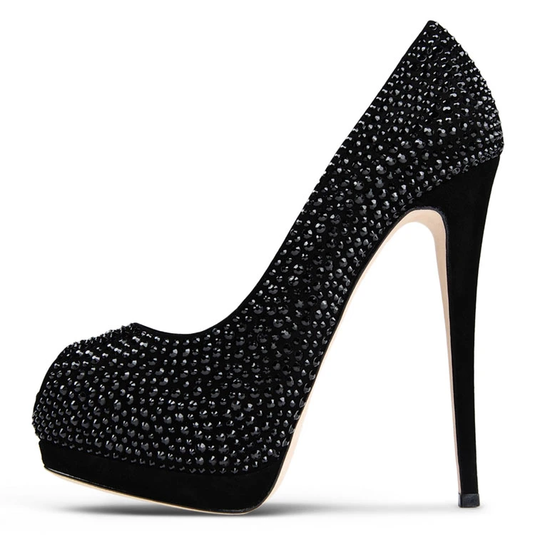 Large Size Womans Black Heels Pumps Crystal High Heel Women Shoes