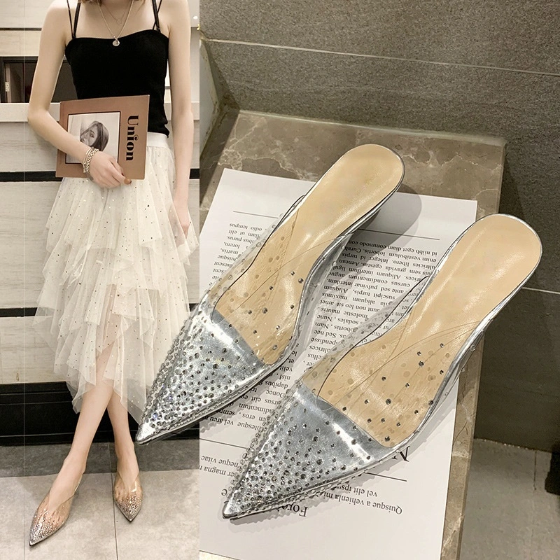 Wholesale Women Sandals Ladies Transparent Rivet High Heel Shoes Pumps Low Heel