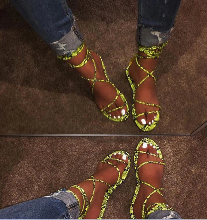 2020 New Flat Sandals Snake Lace up Slippers Fashion Light Slides Sandals for Women