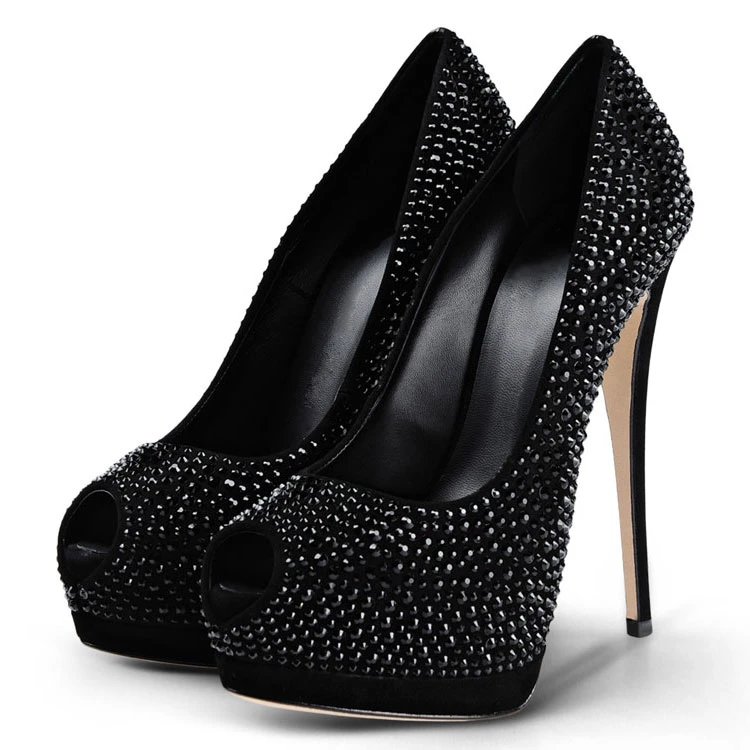 Large Size Womans Black Heels Pumps Crystal High Heel Women Shoes