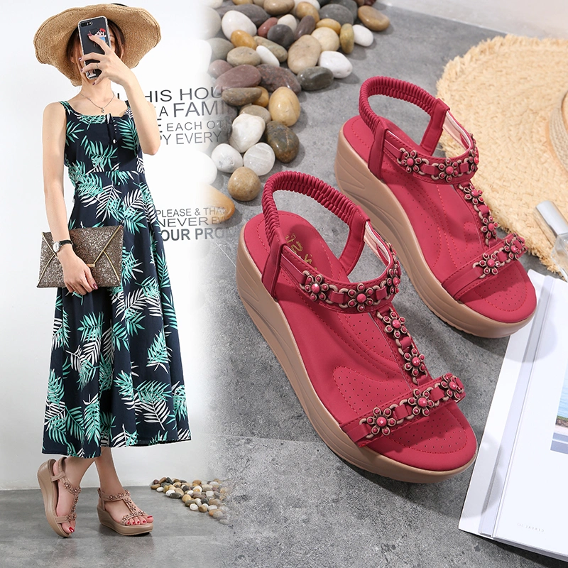 Fashionable and Comfortable New PU Wedge Heel Sandals for Flower Ladies