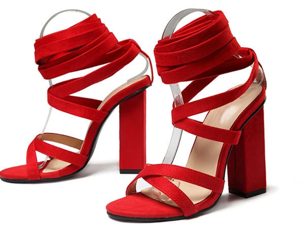 Sexy Block High Heel Lace-up Sandals Red Khaki Fashion Women Shoes