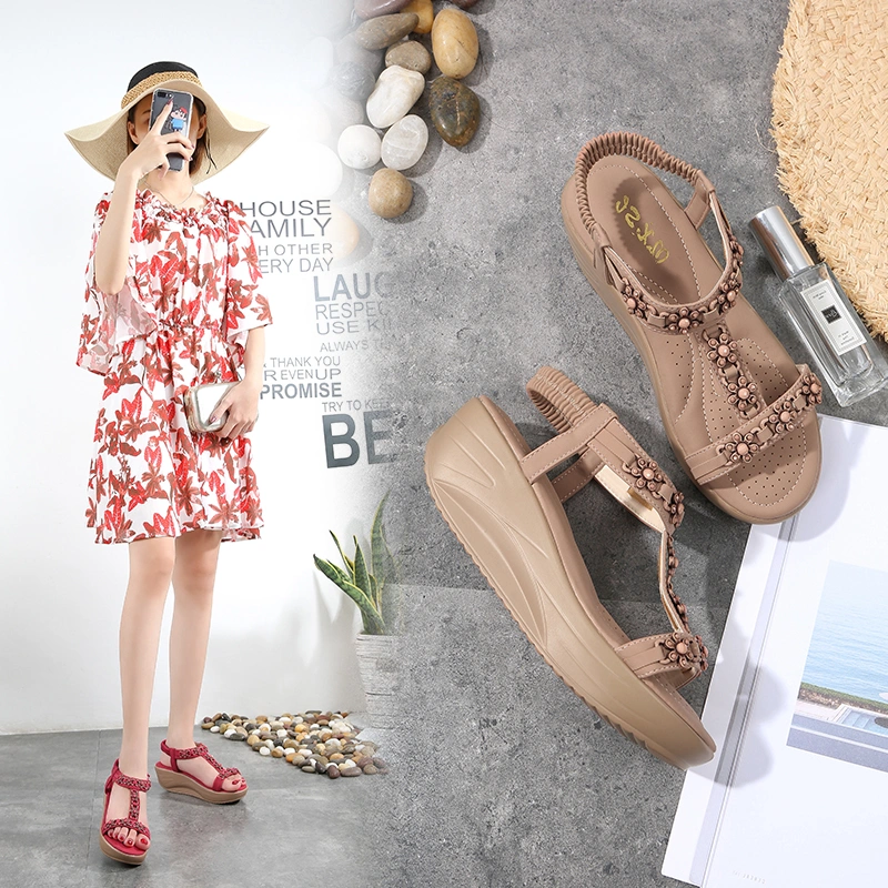 Fashionable and Comfortable New PU Wedge Heel Sandals for Flower Ladies