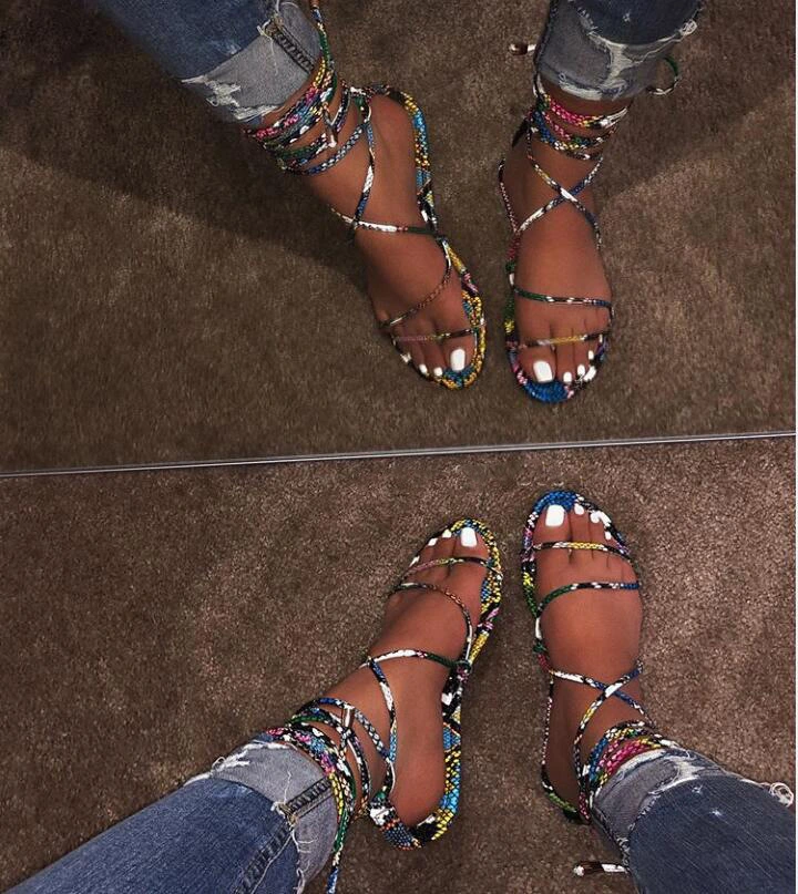 2020 New Flat Sandals Snake Lace up Slippers Fashion Light Slides Sandals for Women