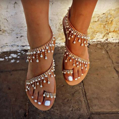 Roman Pearl Sandals Handmade Beaded Flat Sandals