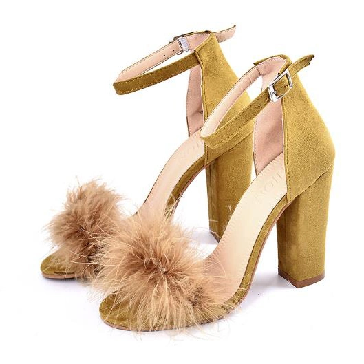 Women Summer High Heel with Fur Fashion Chunky Heel Sandals